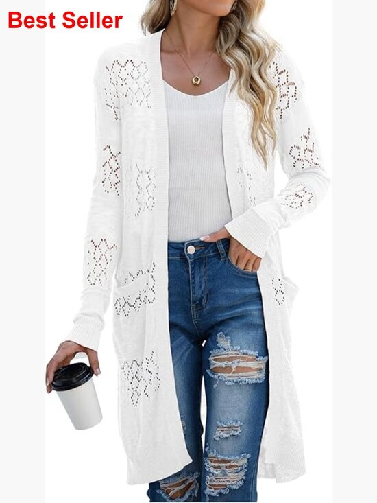 Sweaters - Lightweight Crochet Open-Front Cardigan Sweater with Pockets